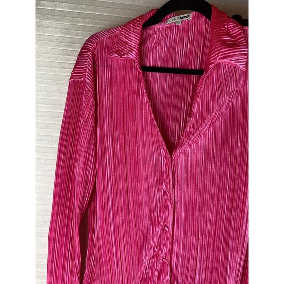 Fashion Nova 2pc Pants Top Sz S Pink Ribbed Long Sleeve Button Down V-Neck Sheer - Picture 2 of 16